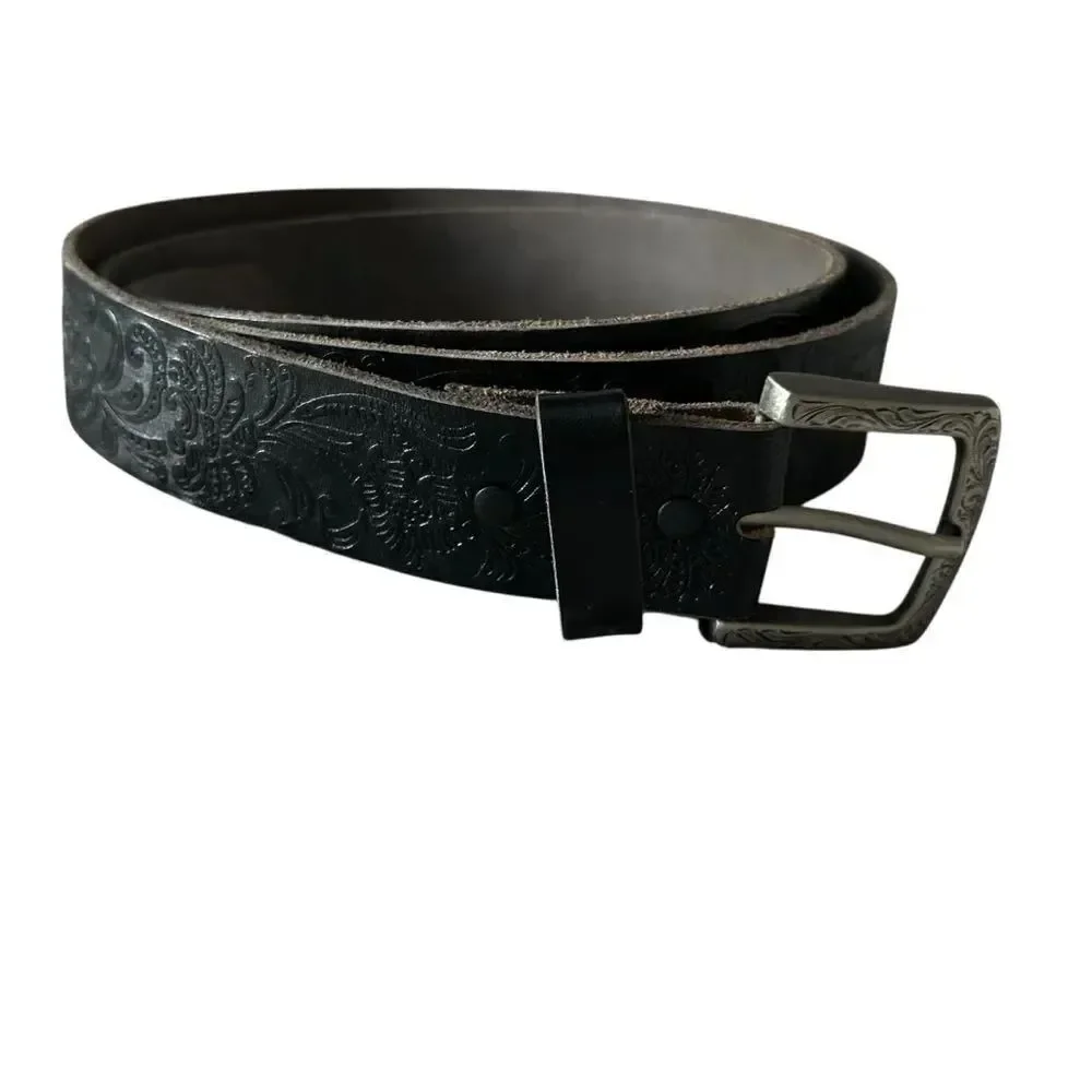 Mens Black Embossed Genuine Leather Embossed Western Inspired Belt Silver Buckle